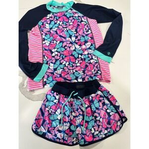 Coolibar Kids Girls Rash Guard Swim Shorts Set Butterfly UPF 50+ Navy Pink Large